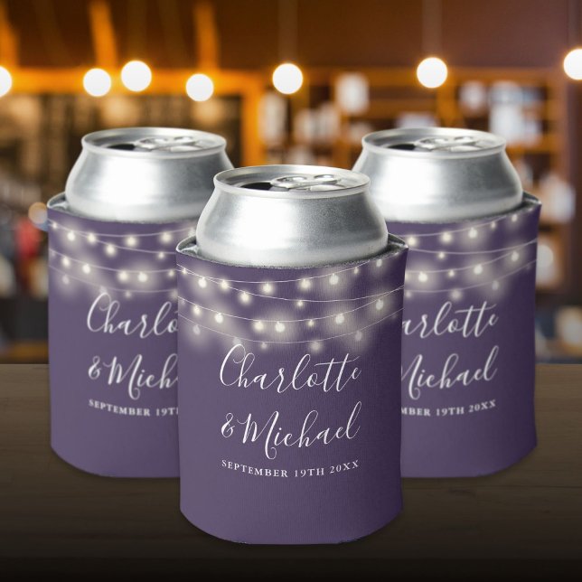 Rafraîchisseur Pour Canette Chaîne Lights Signature Script Mariage violet (String Lights Signature Script Purple Wedding Can Cooler)