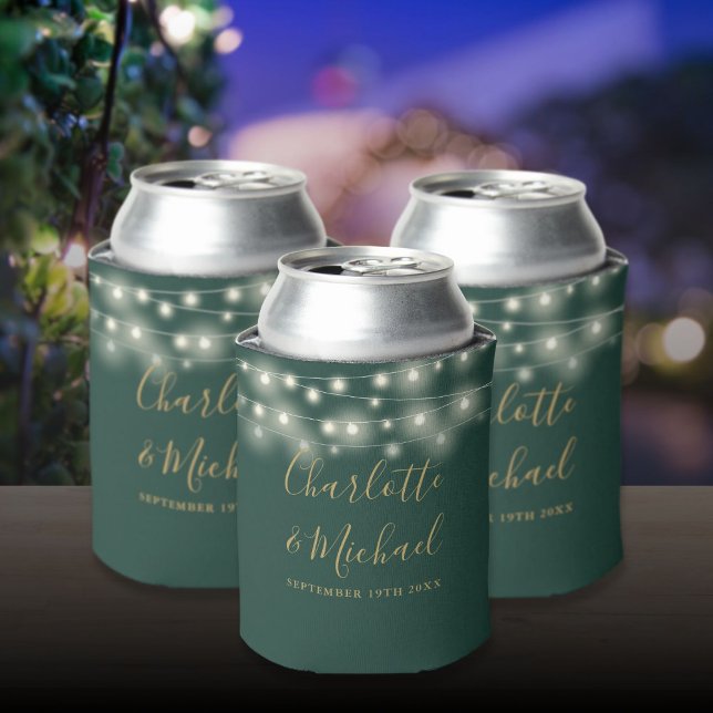 Rafraîchisseur Pour Canette Chaîne Lights Signature Script Vert Mariage Or (String Lights Signature Script Green Gold Wedding Can Cooler)