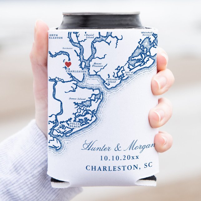 Rafraîchisseur Pour Canette Charleston SC Carte Elégant Marine Blue Wedding Fa (Charleston SC Map Wedding Favor Can Coozies in Elegant Navy Blue from Coastal Map Designs)