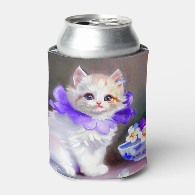 Rafraîchisseur Pour Canette Chat blanc avec collier de fleurs violettes (Can devant)