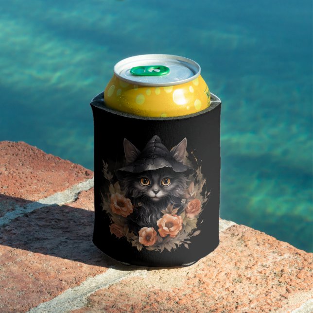 Rafraîchisseur Pour Canette Chat noir dans l'Halloween Casquette d'une sorcièr (Piscine in situ)