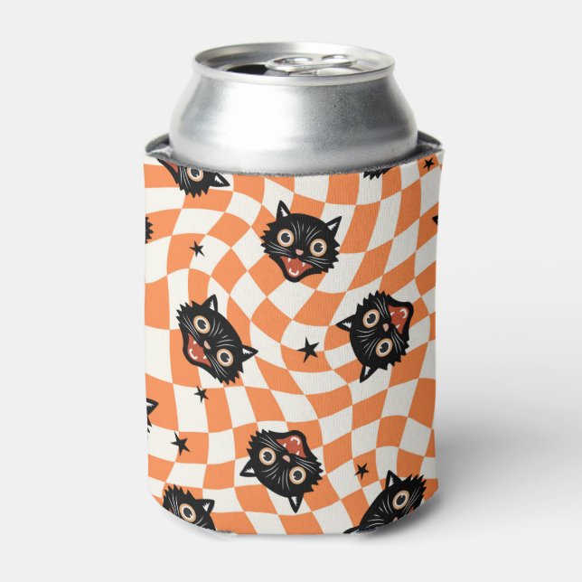 Rafraîchisseur Pour Canette Chat noir rétro Motif chèque orange (Can devant)
