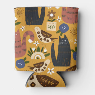 Rafraîchisseur Pour Canette Chats vintages et oiseaux, Main Tirée.