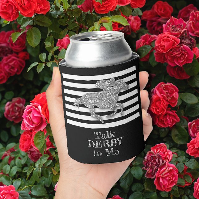 Rafraîchisseur Pour Canette Cheval de course Argent Derby Rouge Blanc Noir (Silver Derby racehorse can coolers - great for your party and give as a keepsake)