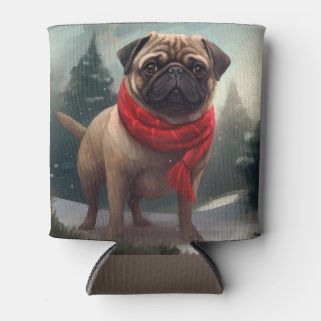 Rafraîchisseur Pour Canette Chien de carlin en Noël de neige (Devant)
