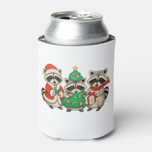 Rafraîchisseur Pour Canette Christmas Raccoon Santa Hat Tree Xmas Lights (Can devant)
