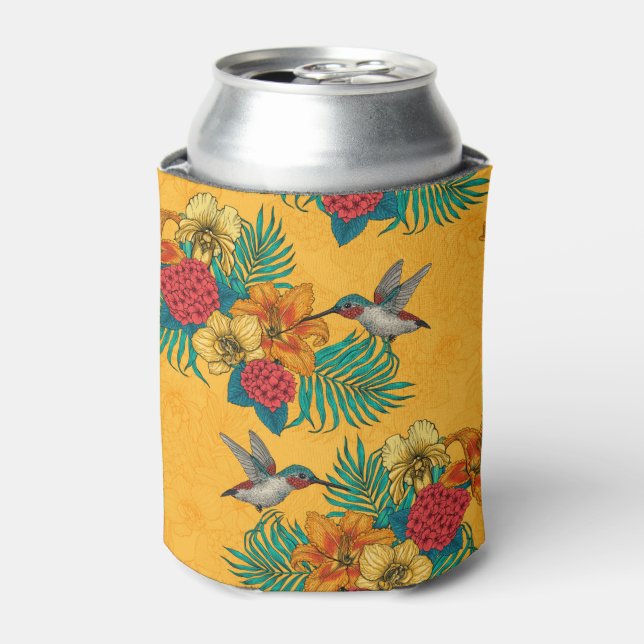 Rafraîchisseur Pour Canette Colibris et bouquet tropical en jaune (Can devant)