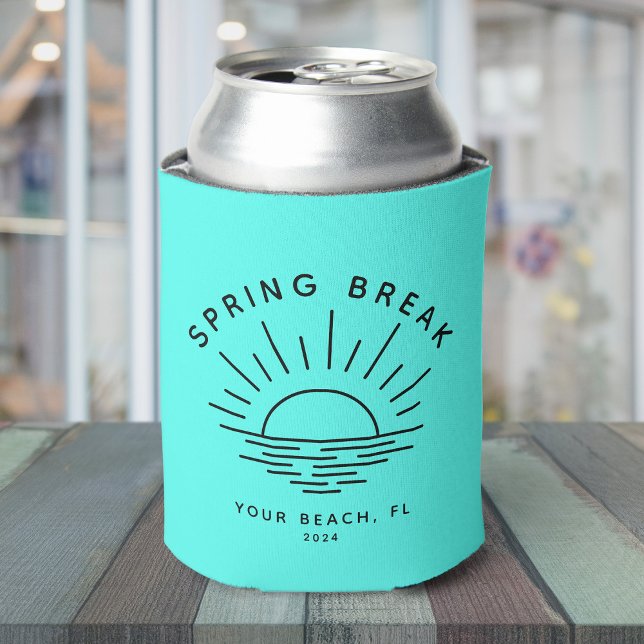Rafraîchisseur Pour Canette Cool Moderne Spring Break Lieu personnalisé (A light turquoise can cooler with "Spring Break" and a minimalist sunset design + custom text)
