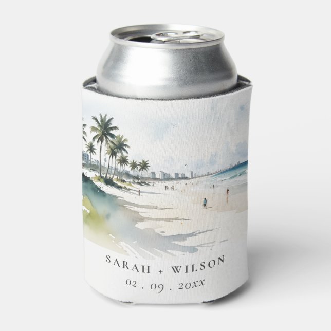 Rafraîchisseur Pour Canette Côte Miami Beach Palm Tree Mariage d'aquarelle (Can devant)