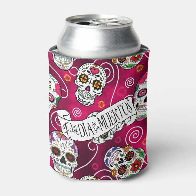 Rafraîchisseur Pour Canette Crânes à sucre et tourbillons Rose Red ID725 (Can devant)