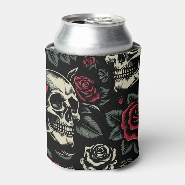 Rafraîchisseur Pour Canette Crânes et roses rouges Floral gothique (Can devant)
