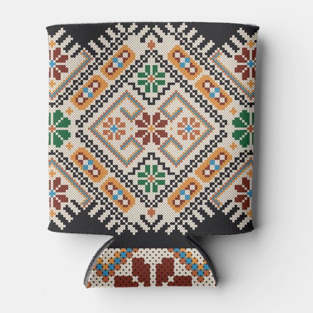 Rafraîchisseur Pour Canette Crochet ukrainien : Motif artisanal ethnique. (Devant)