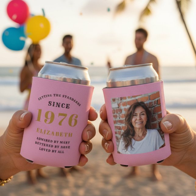 Rafraîchisseur Pour Canette Custom 50th Birthday Pink Gold With Photo (50th birthday can coolers with beach background.)