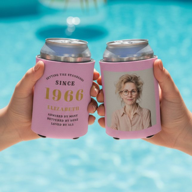 Rafraîchisseur Pour Canette Custom 60th Birthday Pink Gold With Photo (60th birthday can coolers showing front and rear. With a pool as background.)