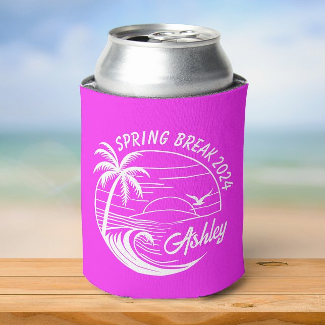Rafraîchisseur Pour Canette Custom Spring Break Girls Trip Cute Beach Rose (A pink can cooler featuring "Spring Break 2024" and "Ashley," with a palm tree and wave design)