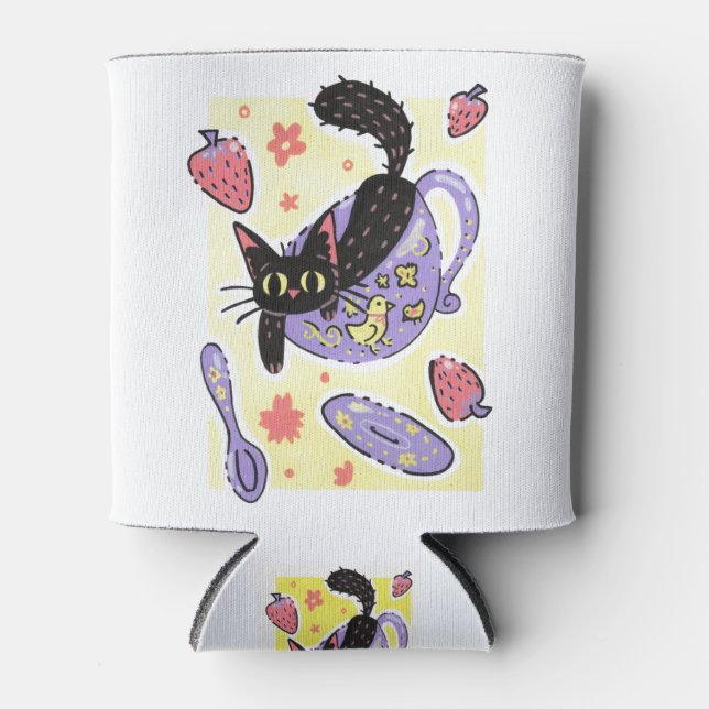 Rafraîchisseur Pour Canette Cute Black Teup Kitty et fraises (Devant)