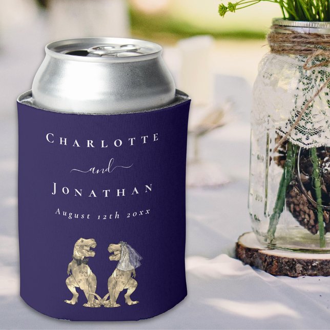 Rafraîchisseur Pour Canette Dinosaur Mariage Marine Bleu & Blanc Personnalisé (Dinosaur wedding navy blue & white monogram personalized can cooler Funny T-Rex dino bride & groom)
