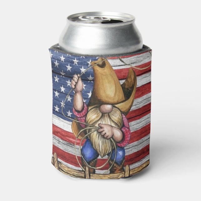 Rafraîchisseur Pour Canette Drapeau Américain En Bois Avec Cowboy Gnome (Can Dos)