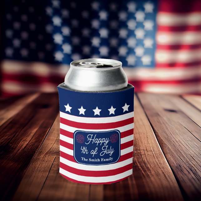 Rafraîchisseur Pour Canette Drapeau américain patriotique Joyeux 4 juillet Nom (Red, White and Blue Patriotic U.S. Flag "Happy 4th of July" Family Name Can Cooler)