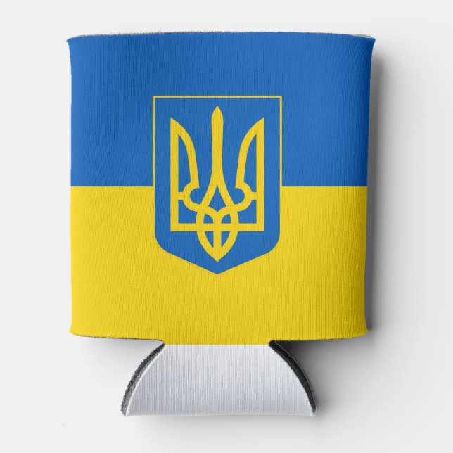 Rafraîchisseur Pour Canette Drapeau ukrainien avec armoiries Trident.  (Devant)