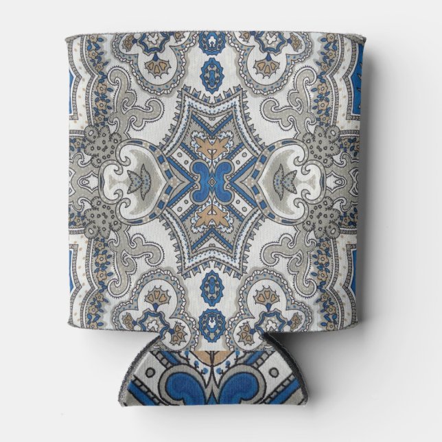 Rafraîchisseur Pour Canette Élégance arabesque : Motif islamique blanc-bleu. (Devant)
