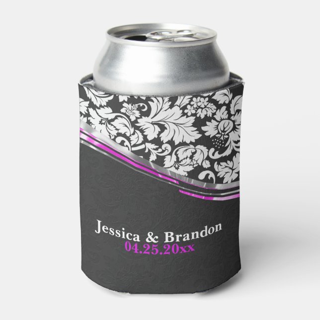 Rafraîchisseur Pour Canette Élégant Damas Gris & Blanc Avec Accents Rose (Can devant)