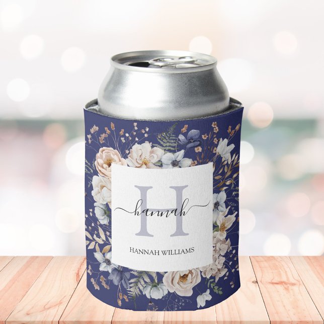 Rafraîchisseur Pour Canette Elegant Monogram Pretty Beige Blue Flowers Floral (In situ)