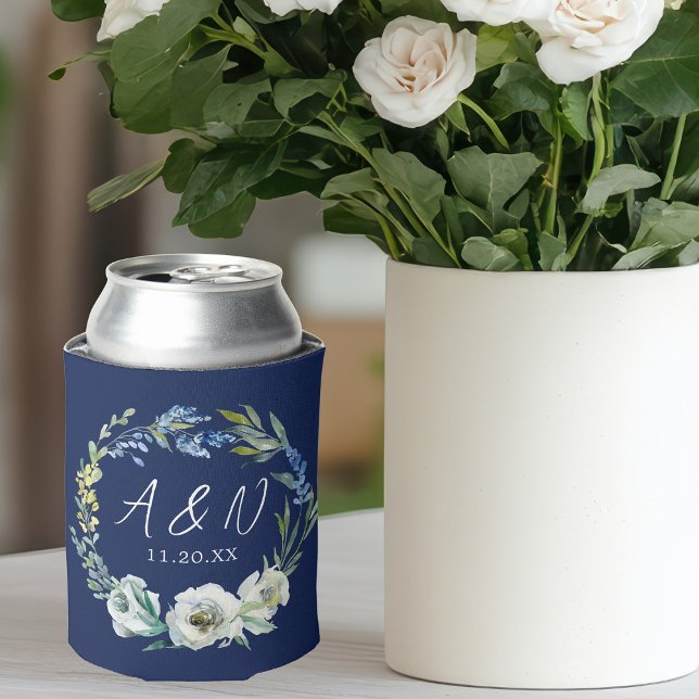 Rafraîchisseur Pour Canette Élégant Monogramme floral bleu marine Mariage d'hi (Créateur téléchargé)