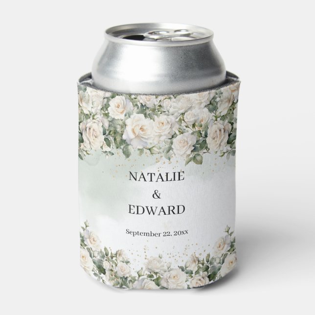 Rafraîchisseur Pour Canette Elégant Roses Blanches Verdure et mariage Or (Can devant)