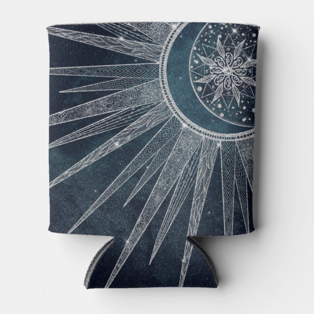 Rafraîchisseur Pour Canette Elégant Silver Sun Moon Doodle Mandala Blue Design (Devant)