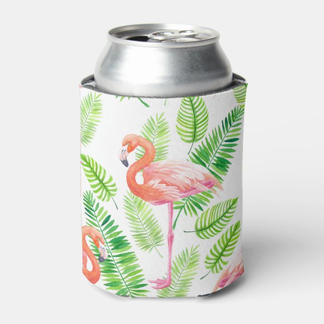 Rafraîchisseur Pour Canette Flamants roses et feuilles tropicaux (Can devant)