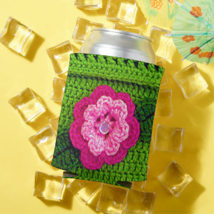 Rafraîchisseur Pour Canette Fleur rose avec bouton de perle Crochet vert clair