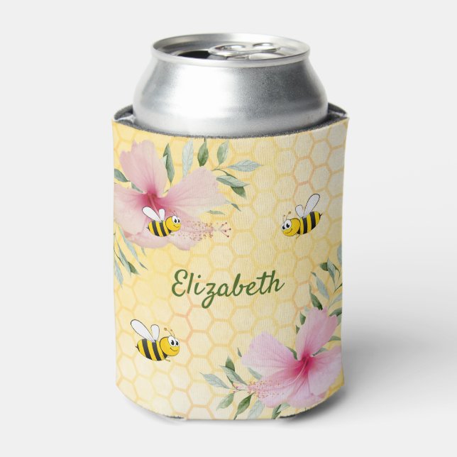 Rafraîchisseur Pour Canette Fleurs roses abeilles nom jaune (Can devant)