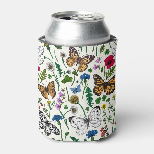 Rafraîchisseur Pour Canette Fleurs sauvages et papillons sur blanc (Can devant)