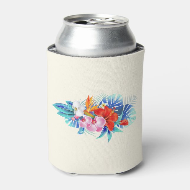 Rafraîchisseur Pour Canette Fleurs tropicales exotiques en rose et en aqua (Can devant)