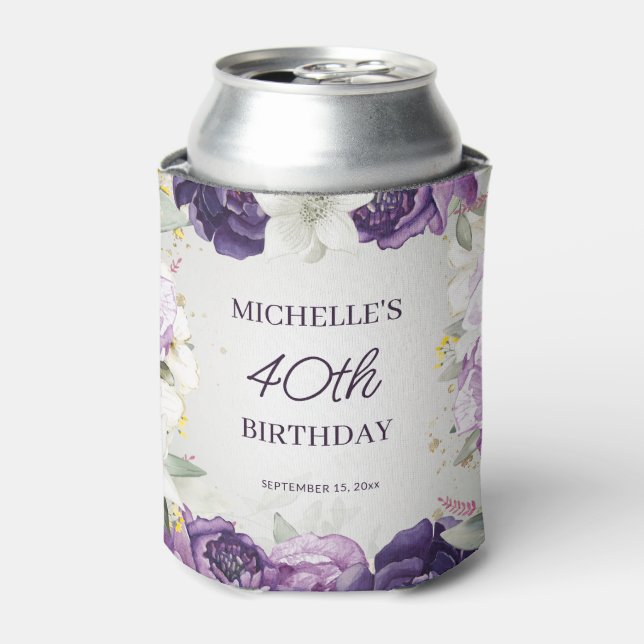 Rafraîchisseur Pour Canette Floral blanc pourpre 40e anniversaire (Can devant)