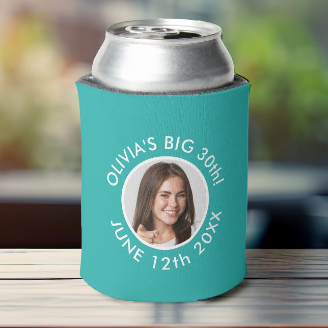 Rafraîchisseur Pour Canette Fun Custom 30th Portrait 2 Photo Anniversaire (Turquoise birthday can cooler with a circular photo frame and custom surrounding text in white.)