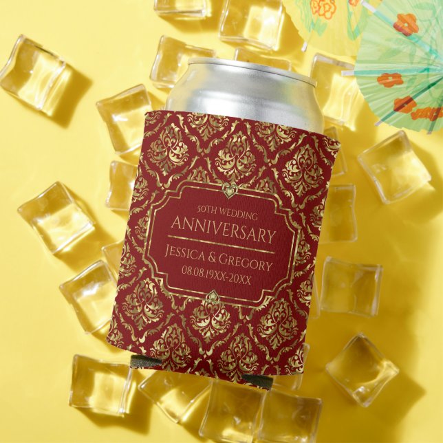 Rafraîchisseur Pour Canette Gold et Red Damask 50th Mariage Anniversary (Été in situ)