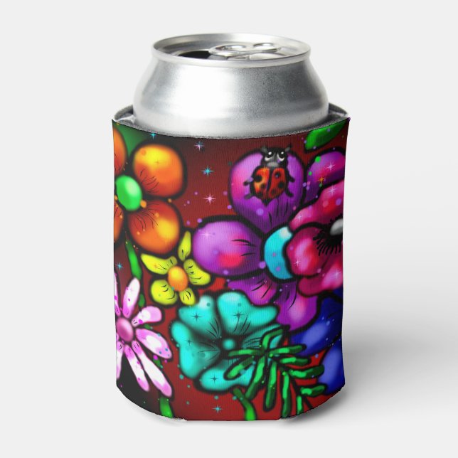 Rafraîchisseur Pour Canette Graffiti Style Fleurs & Ladybug rose violet rouge (Can devant)