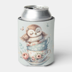 Rafraîchisseur Pour Canette Hibou endormi dans des tasses à thé florales empil