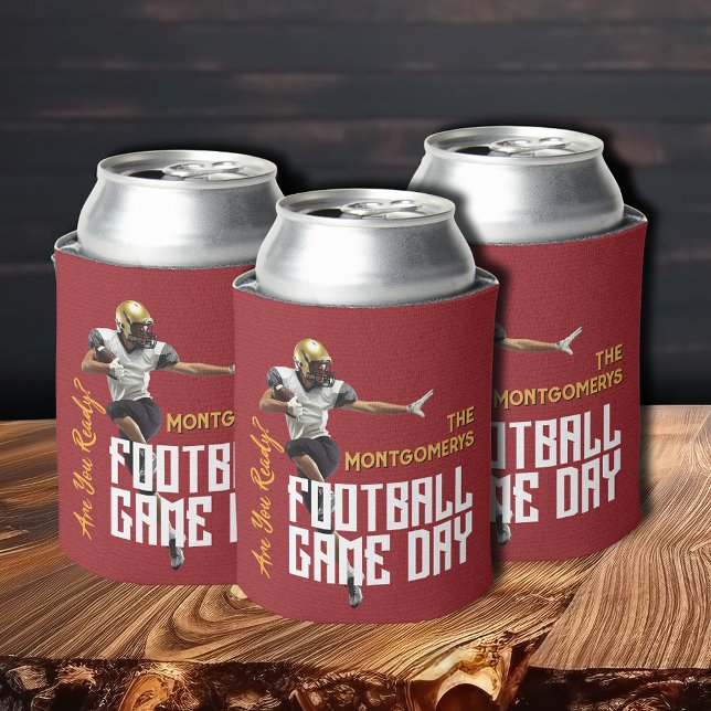 Rafraîchisseur Pour Canette Jeu sur le joueur de football sur rouge (Game on football player on red beverage can coolers)