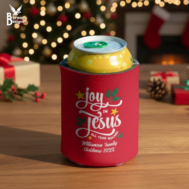Rafraîchisseur Pour Canette JOY IN JESUS Christian Christmas Custom Name  (Festive JOY IN JESUS Christian Christmas can cooler with customizable text. Gift for Christians.)