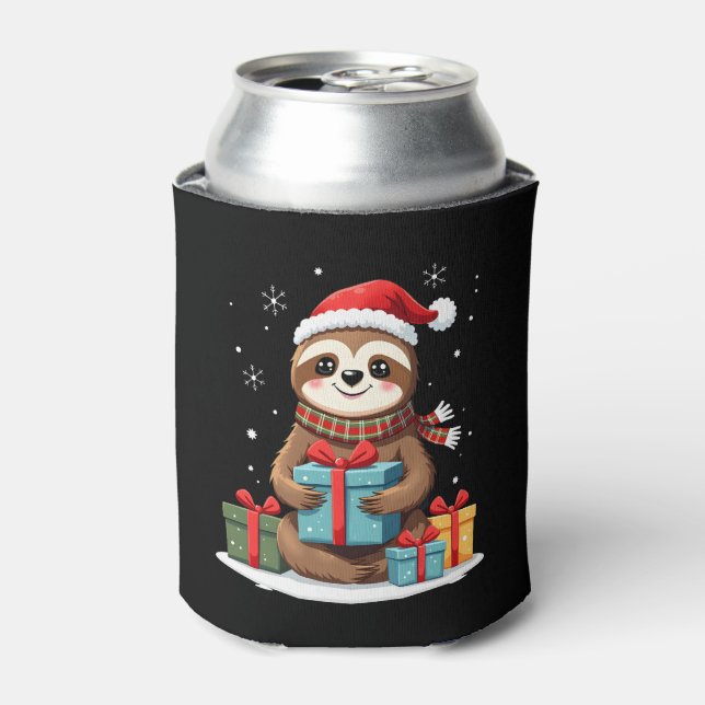 Rafraîchisseur Pour Canette Joyeux Slothmas mignon Noël paresseux Noël chapeau (Can devant)