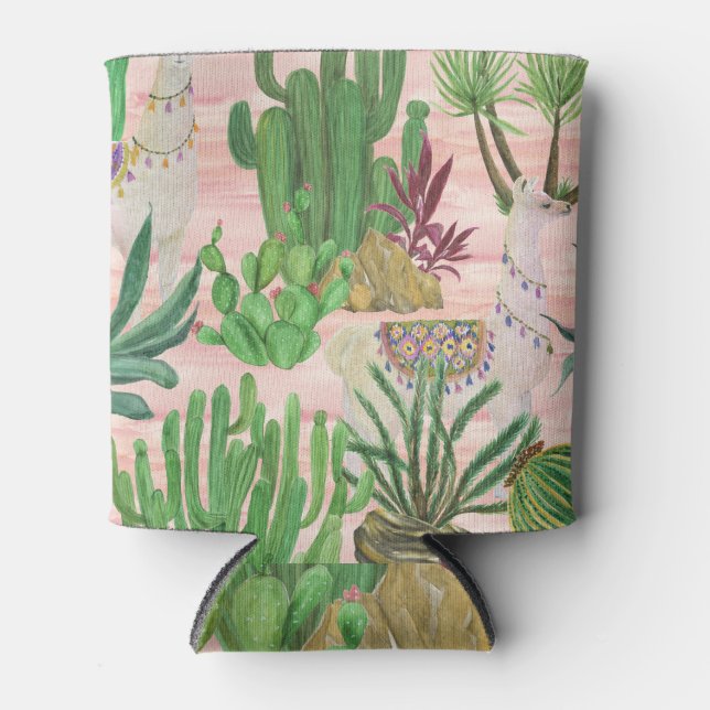 Rafraîchisseur Pour Canette Lamas aquarelle et motif cactus. (Devant)