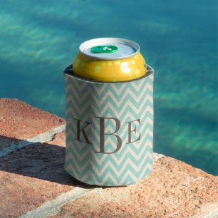 Rafraîchisseur Pour Canette Lin rustique Beige et Aqua Chevron Monogramme