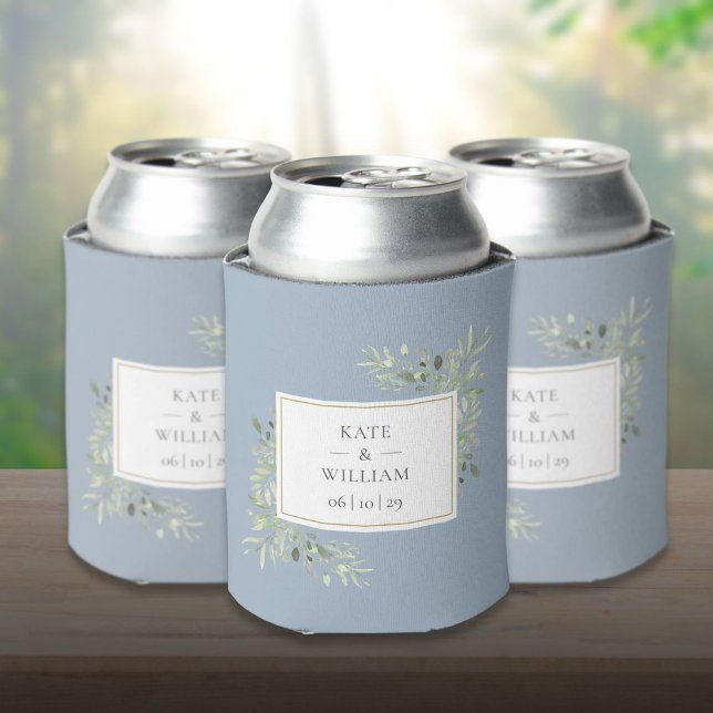 Rafraîchisseur Pour Canette Mariage avec feuillage de verdure bleu poussiéreux (Dusty Blue Greenery Foliage Wedding Can Cooler)