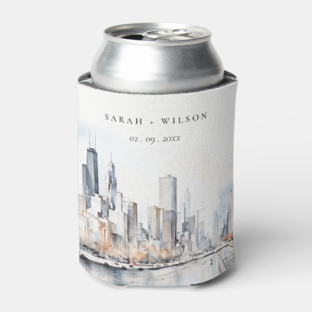 Rafraîchisseur Pour Canette Mariage d'aquarelle de Chicago, Illinois City Scap (Can devant)