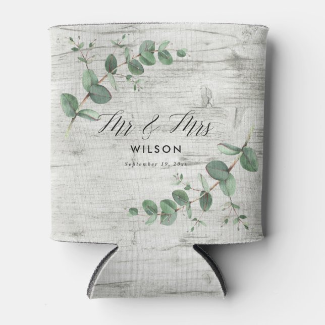 Rafraîchisseur Pour Canette mariage de feuillage en bois blanc eucalyptus (Devant)