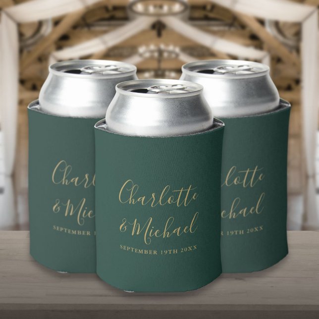 Rafraîchisseur Pour Canette Mariage Écriture Vert Émeraude Et Or (Emerald Green And Gold Script Wedding Can Cooler)