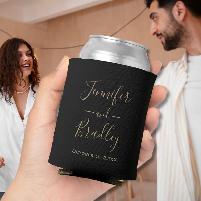 Rafraîchisseur Pour Canette Mariage personnalisé noir (Black and Gold Personalized Wedding Favor Can Coolers)